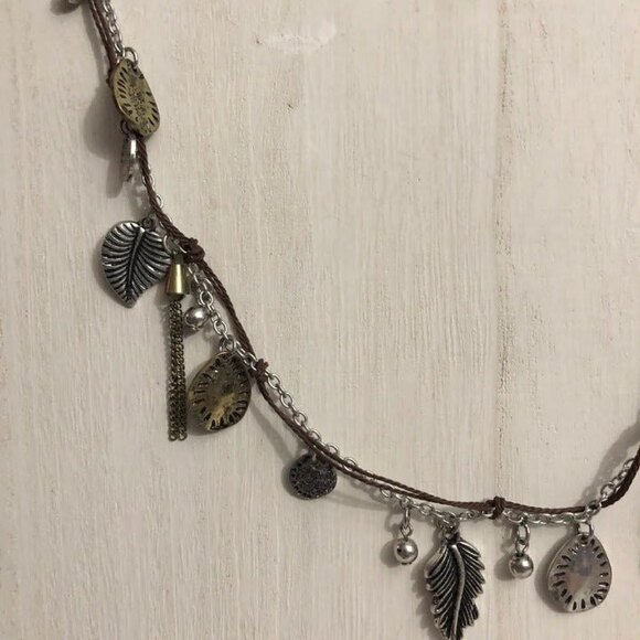 Long Charm Necklace & Teardrop Pierced Earrings Silver Gold - Picture 4 of 7